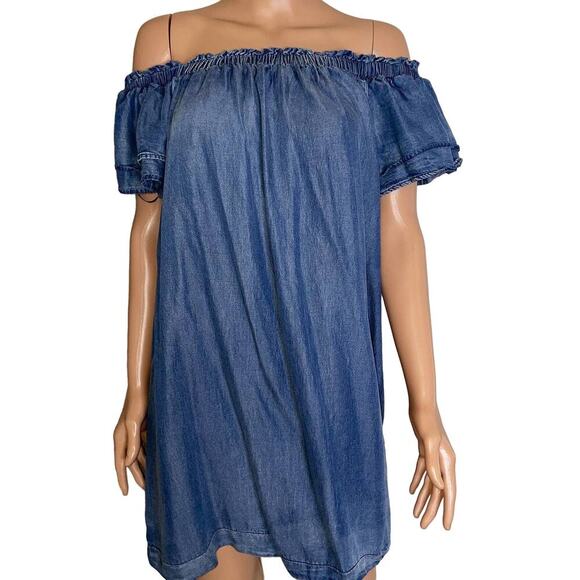 She + Sky Flutter Sleeve Woven Chambray Dress off shoulder 100% Tensel SZ M - Picture 9 of 10
